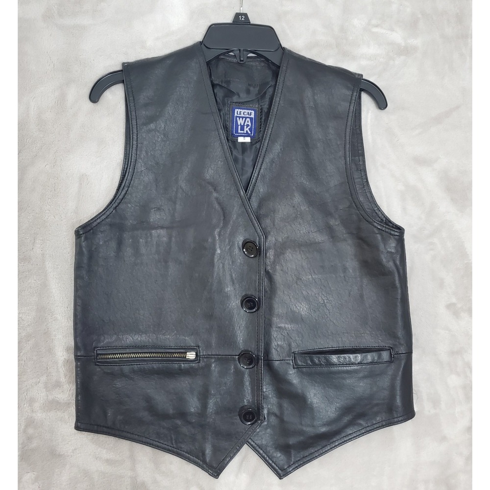 LE CAF WALK Womens Small Black Leather Vest Button‎ Down Zipper Pockets READ